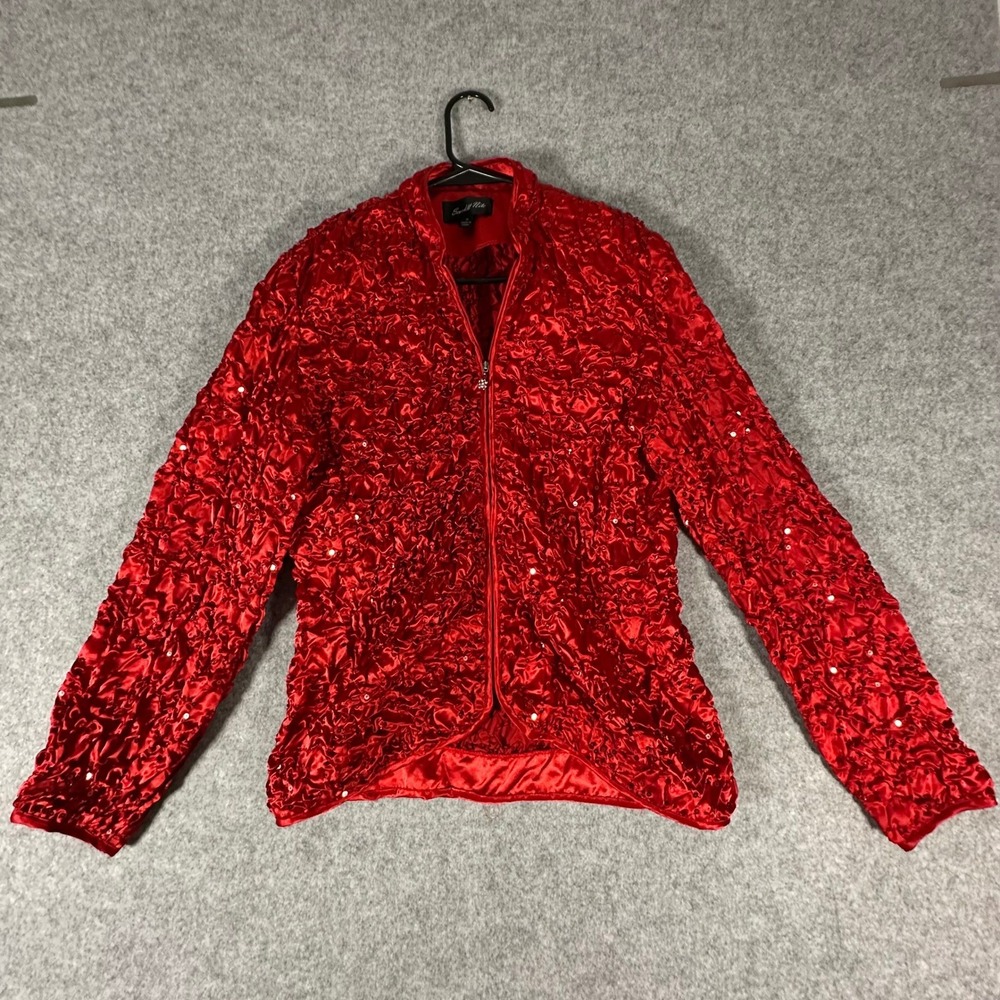 Scarlett Nite Sequin Jacket Womens Size Medium Red Ruched Zip Up Evening Sparkle